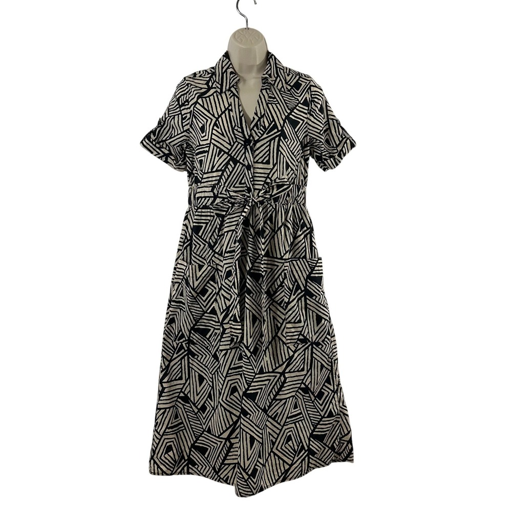 Harlow & Rose Black Cream Geometric Cotton Shirt Dress Midi Tie Waist Small NWOT